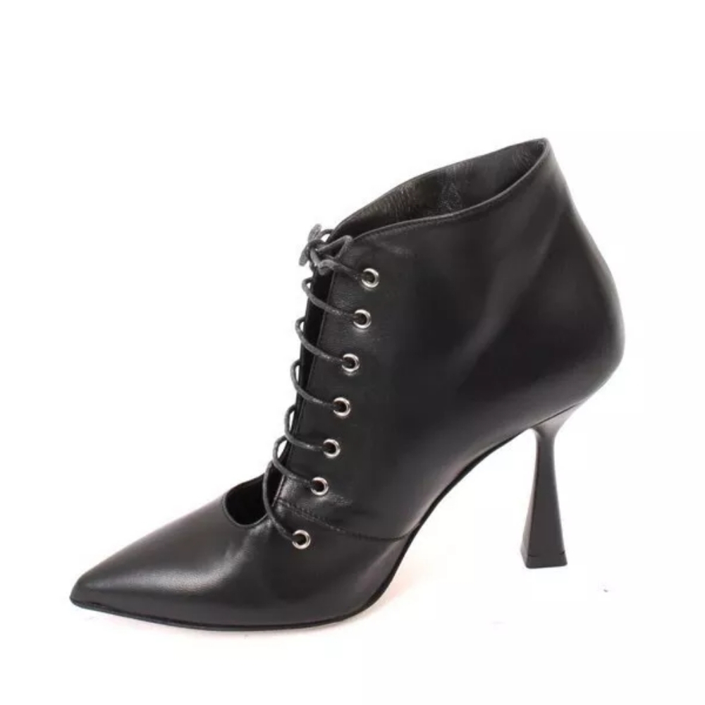 Italian Black Leather Lace-Up Zip-Up Ankle Pointy / Heel Bootie size 9US/40EU
